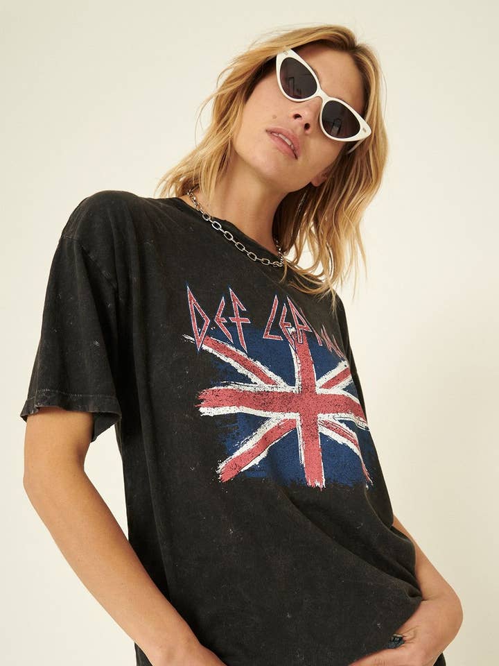 Charcoal Def Leppard Union Jack Distressed Graphic Tee for wholesale on Faire