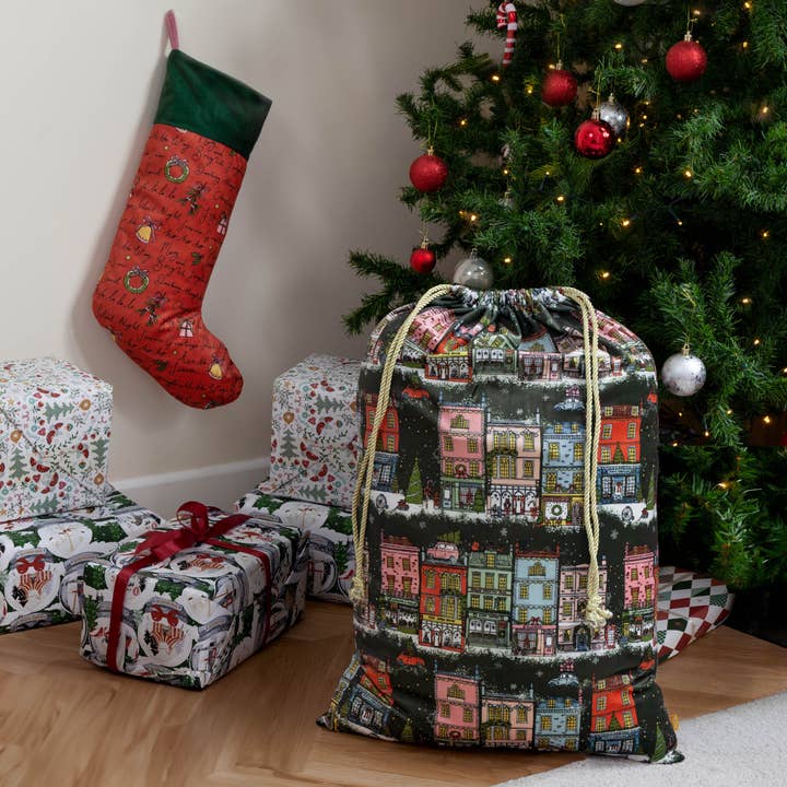 Multicolore Sac de Noël en velours imprimé Christmas Spirit Multicolore en vente sur Faire