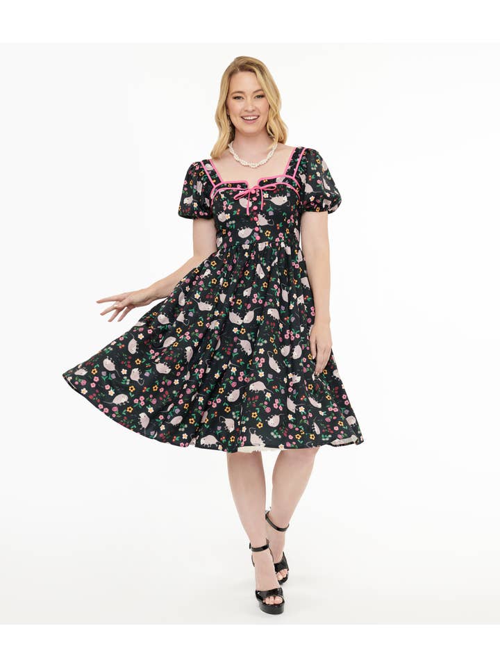 Unique Vintage - Wholesale Dress - Women's - Unique Vintage 1940s Black & Pink Awesome Possum Button Front Swing Dress