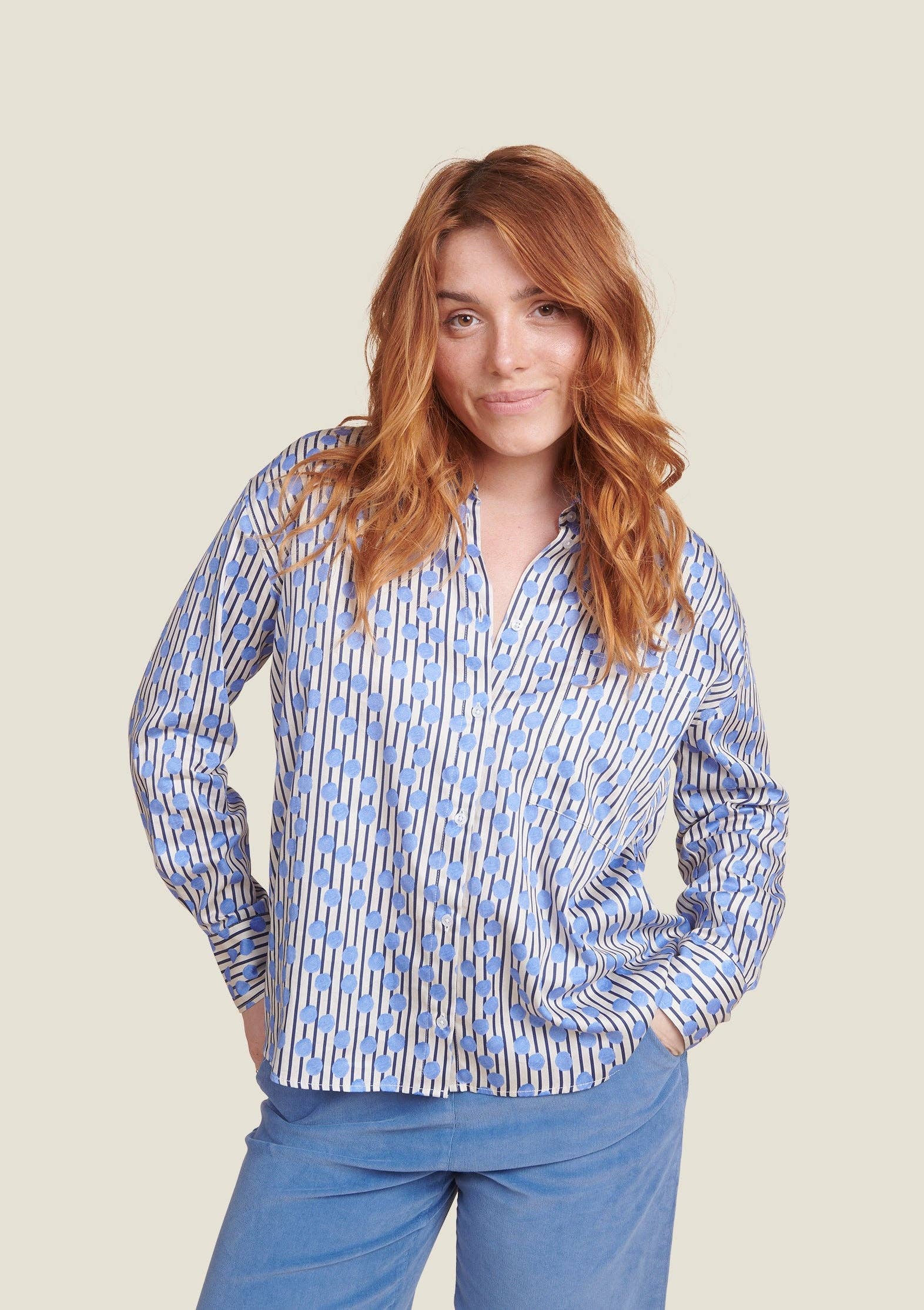 MADE IN SENS - Wholesale Button Down Shirt - Women's - CLEO GOMMETTE STRIPED BLUE SHIRT