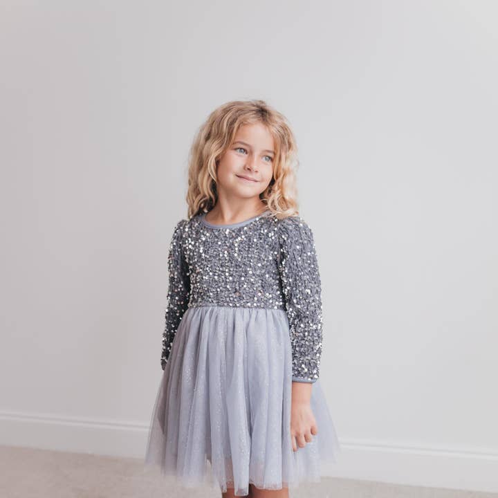 Oopsie Daisy - Wholesale Dress - Kids - Kids Sequin Silver Holiday Fancy Sparkle Tulle Winter Dress