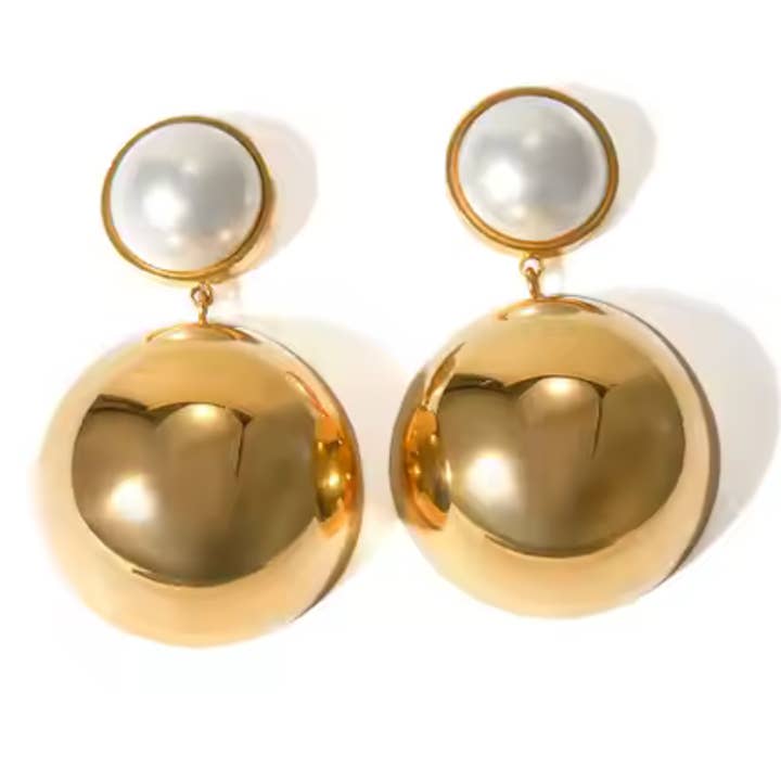 HoopLa - Wholesale Dangle Earrings - Ball Drop- Pearl Earring- Steel 14K Gold