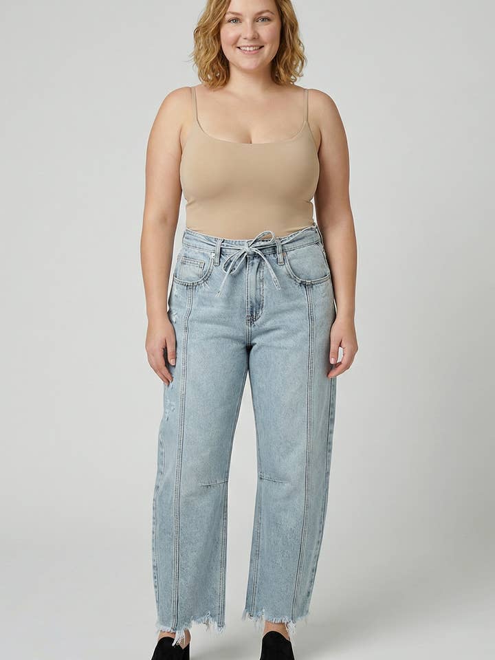 P81298MD- PLUS HIGH RISE BARREL WITH TIE for wholesale by SAIGE DENIM