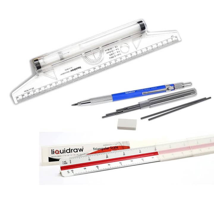 Liquidraw Triangular Scale Ruler & Rolling Ruler 30cm Set With Mechanical Clutch Pencil 2mm, Leads & Eraser For Architectural Drawing Artists Architects Engineers for wholesale by Liquidraw
