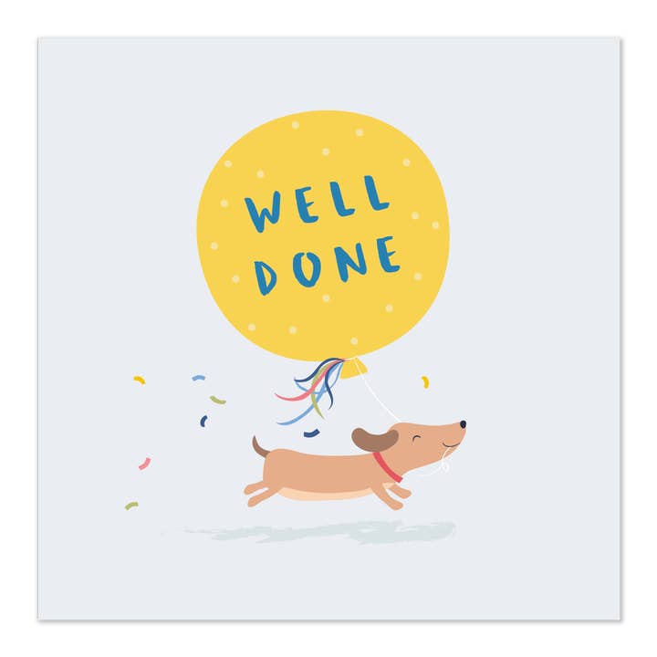 Well Done Greetings Card | Happy Dog Running with Balloon for wholesale by Klara Hawkins