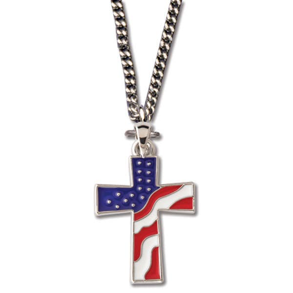 H.J. SHERMAN COMPANY, INC. - Wholesale Pendant/Charm Necklace - Rhodium Plated Cross/American Flag Necklace, 1¼"