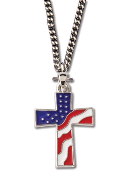 Rhodium Plated Cross/American Flag Necklace, 1¼" for wholesale by H.J. SHERMAN COMPANY, INC.