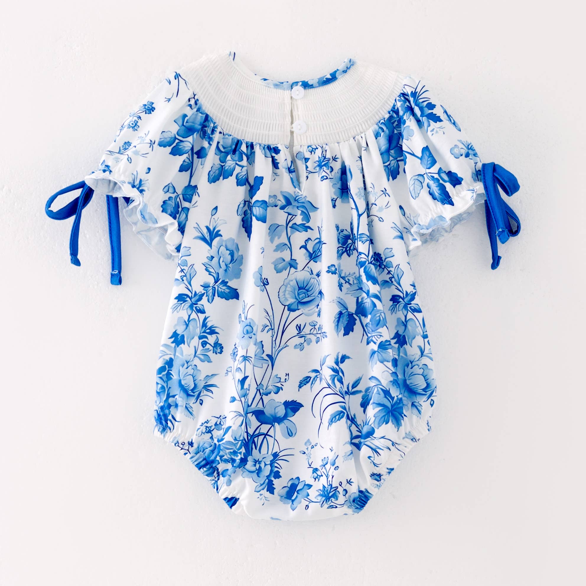 Auraquise - Wholesale Bodysuit (Non-Footed) - Baby - Baby Girls Summer Custom Name Blue Floral Smocked Romper1