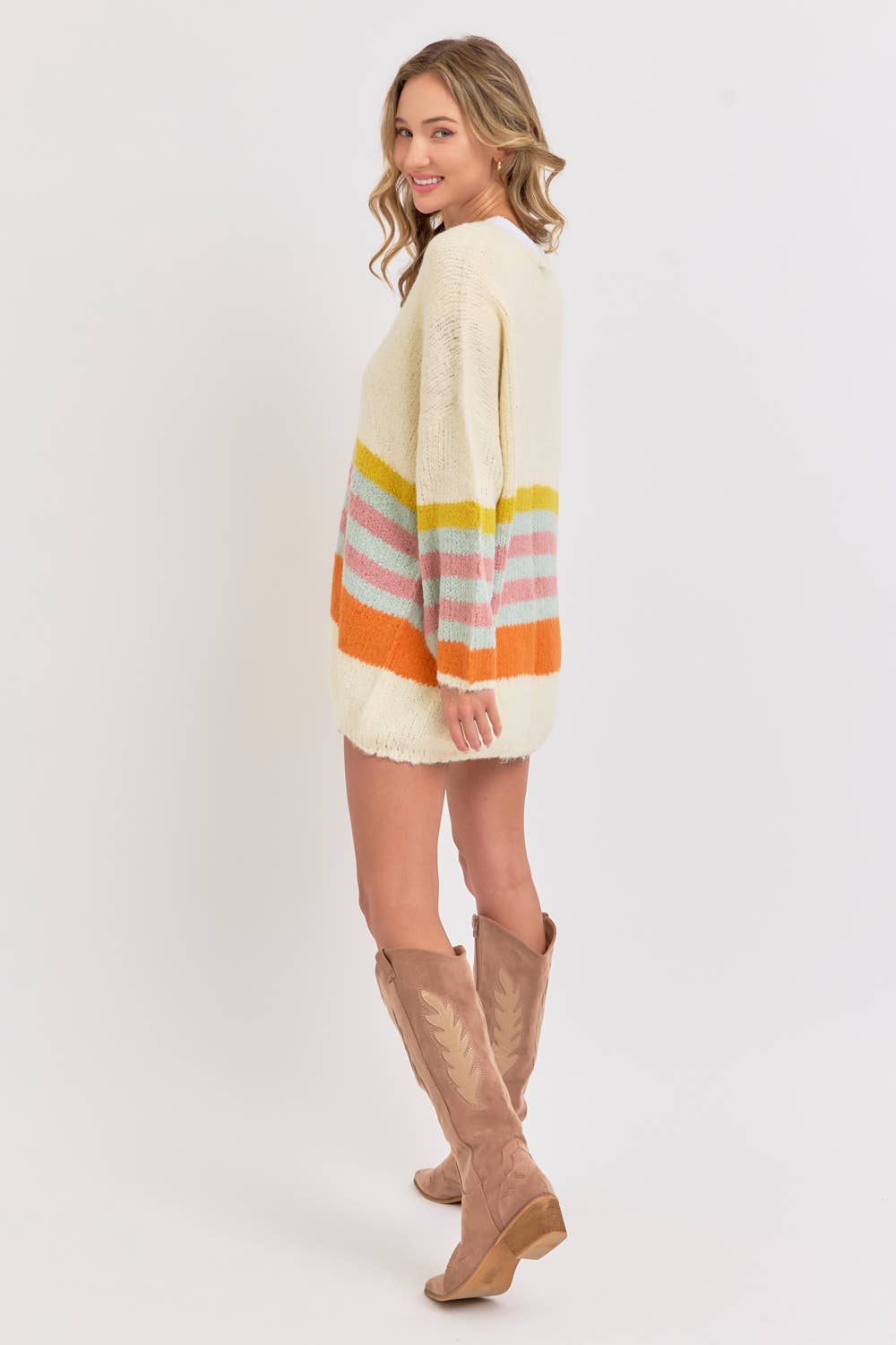 CRÈME MULTI CARDIGAN EN MAILLE SOUPLE À RAYURES MULTIPLES SUPER DOUX en vente sur Faire4