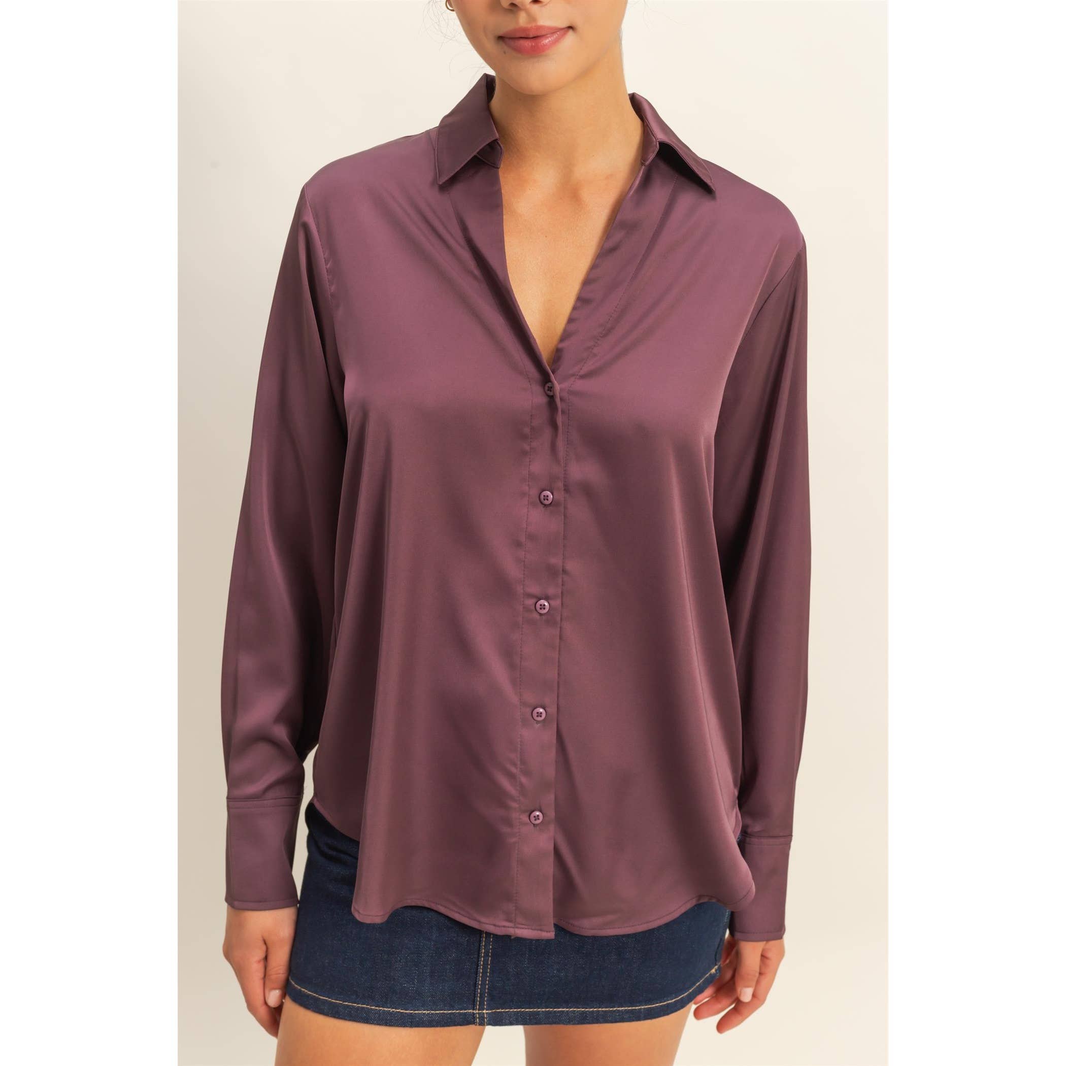 Double Zero - Wholesale Blouse - Women's - Button-Up Satin Shirt With Collared Neckline18
