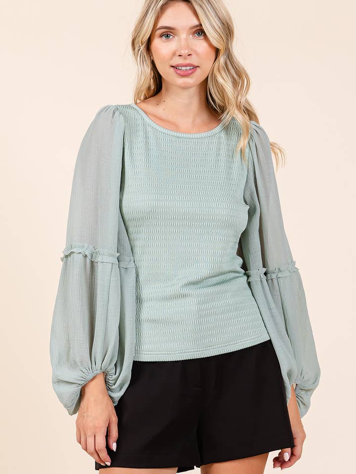 mittoshop - Wholesale Knit Top - Women's - MIXED MEDIA TEXTURED KNIT CHIFFON LONG SLEEVE TOP13