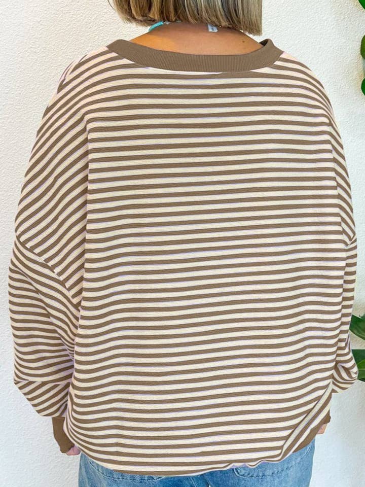 LALA LOO - Wholesale Knit Top - Women's - Stripe Drop Shoulder Long Sleeve Top