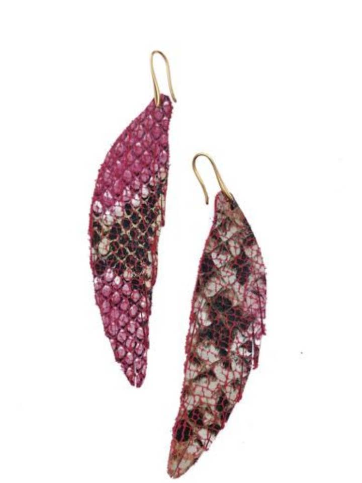 Short Feather Leather Earring - Pink Snake for wholesale by The Supply Society