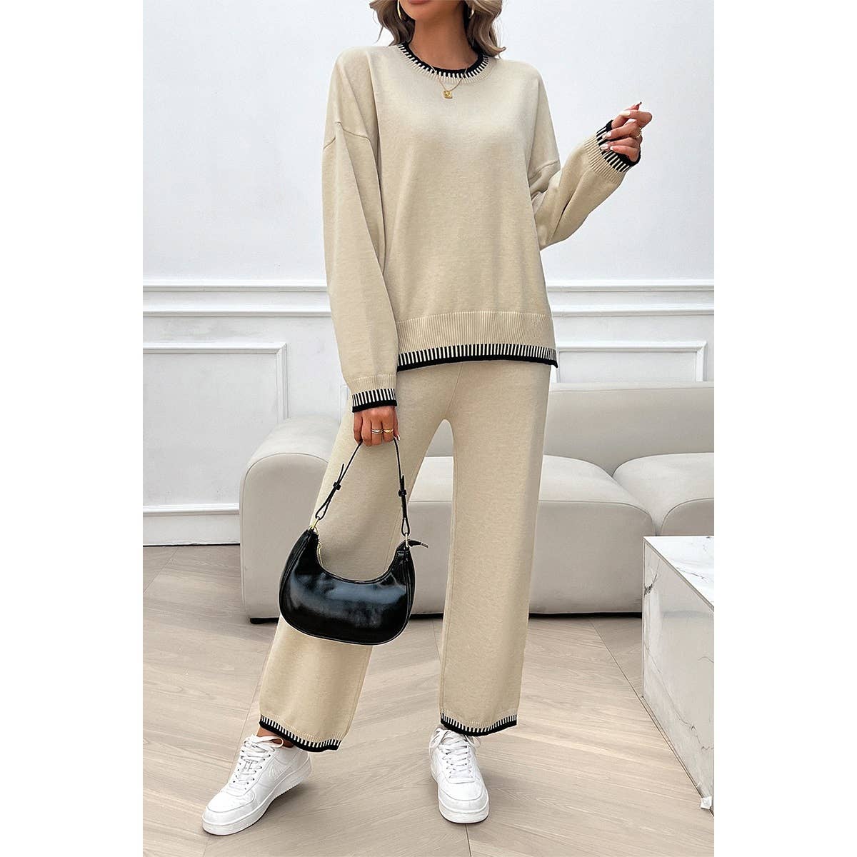 Supreme Fashion - Wholesale Lounge Set - Women's - Colock Block Round Neck Drop Shoulder Loose Set1