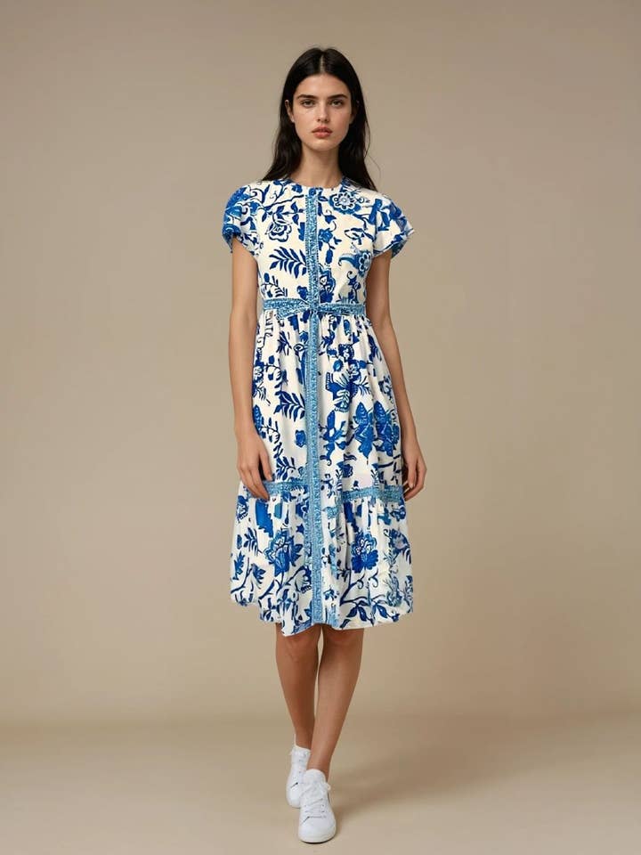Elegant Blue Garden Delight Belted Shirt Dress for wholesale by Avani Del Amour