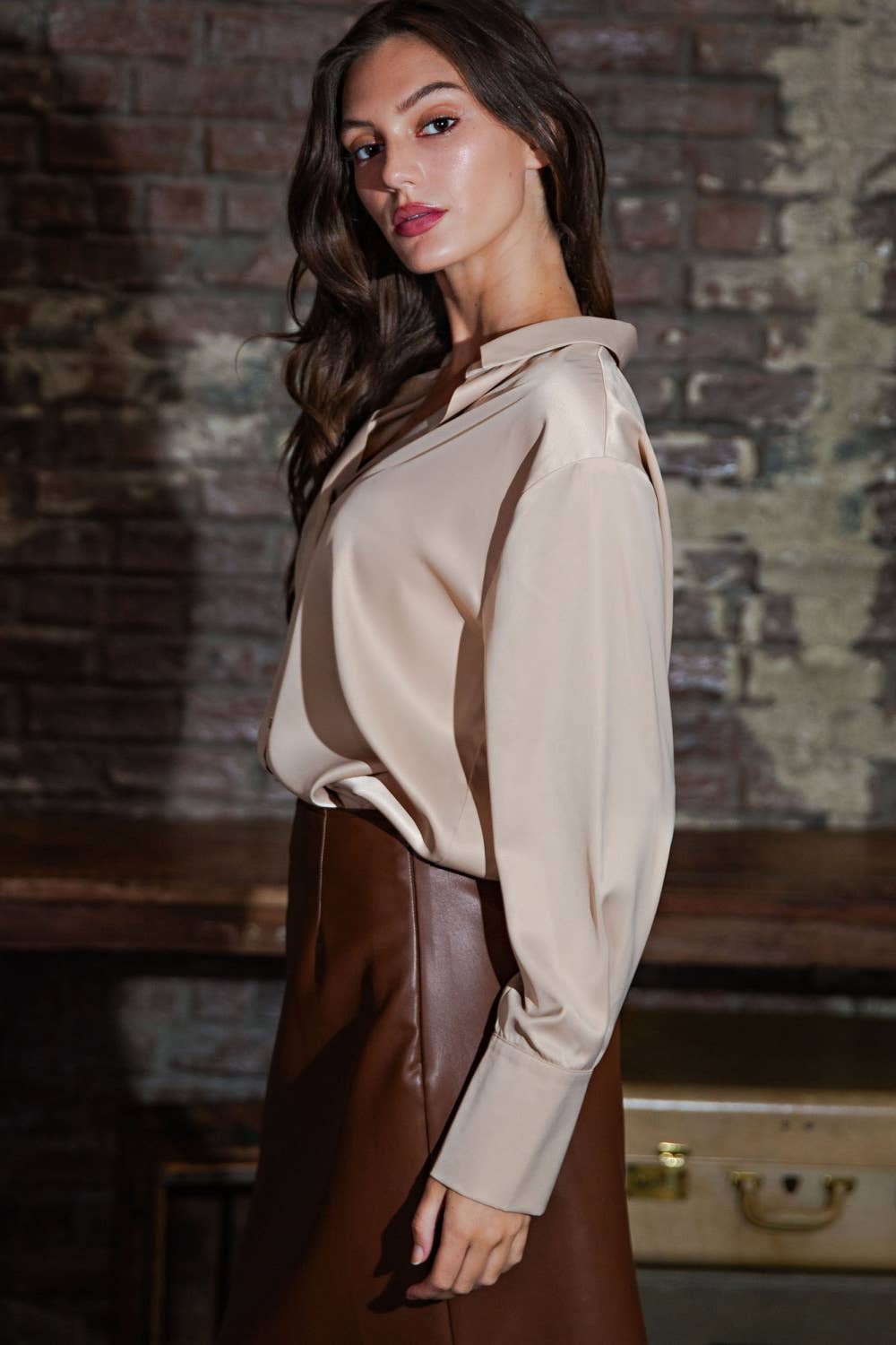 Camel Stretch Satin Collared Shirt for wholesale on Faire5