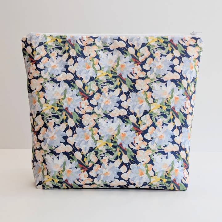 Blue Floral Wash Bag for Women: Large Waterproof Toiletry Bag for wholesale by Poems And Polka Dots