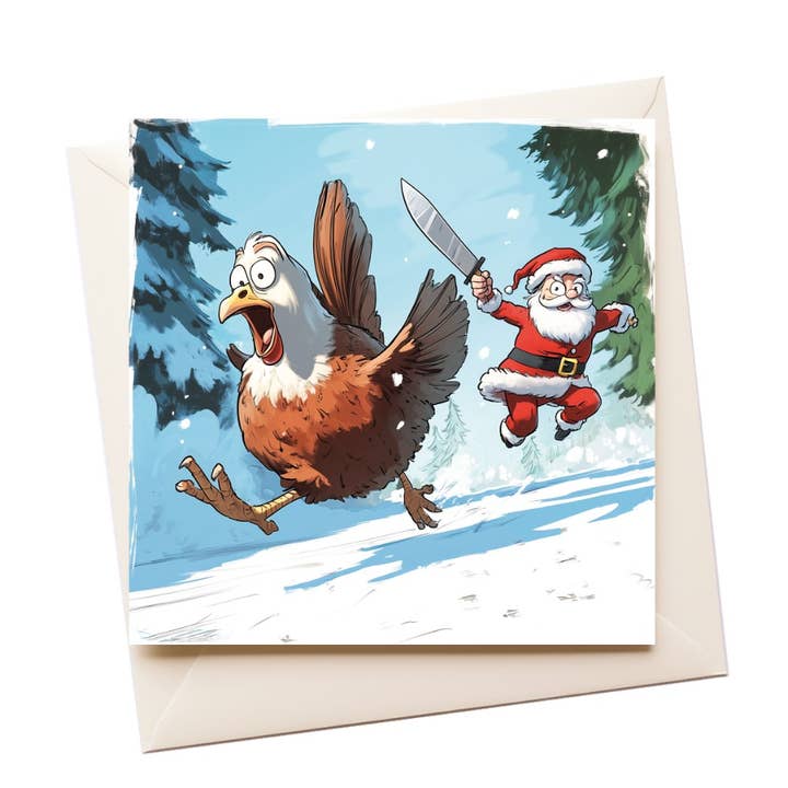 Biglietto di Natale grafico con Babbo Natale che insegue un tacchino per la vendita all'ingrosso da parte di Artificial Ink