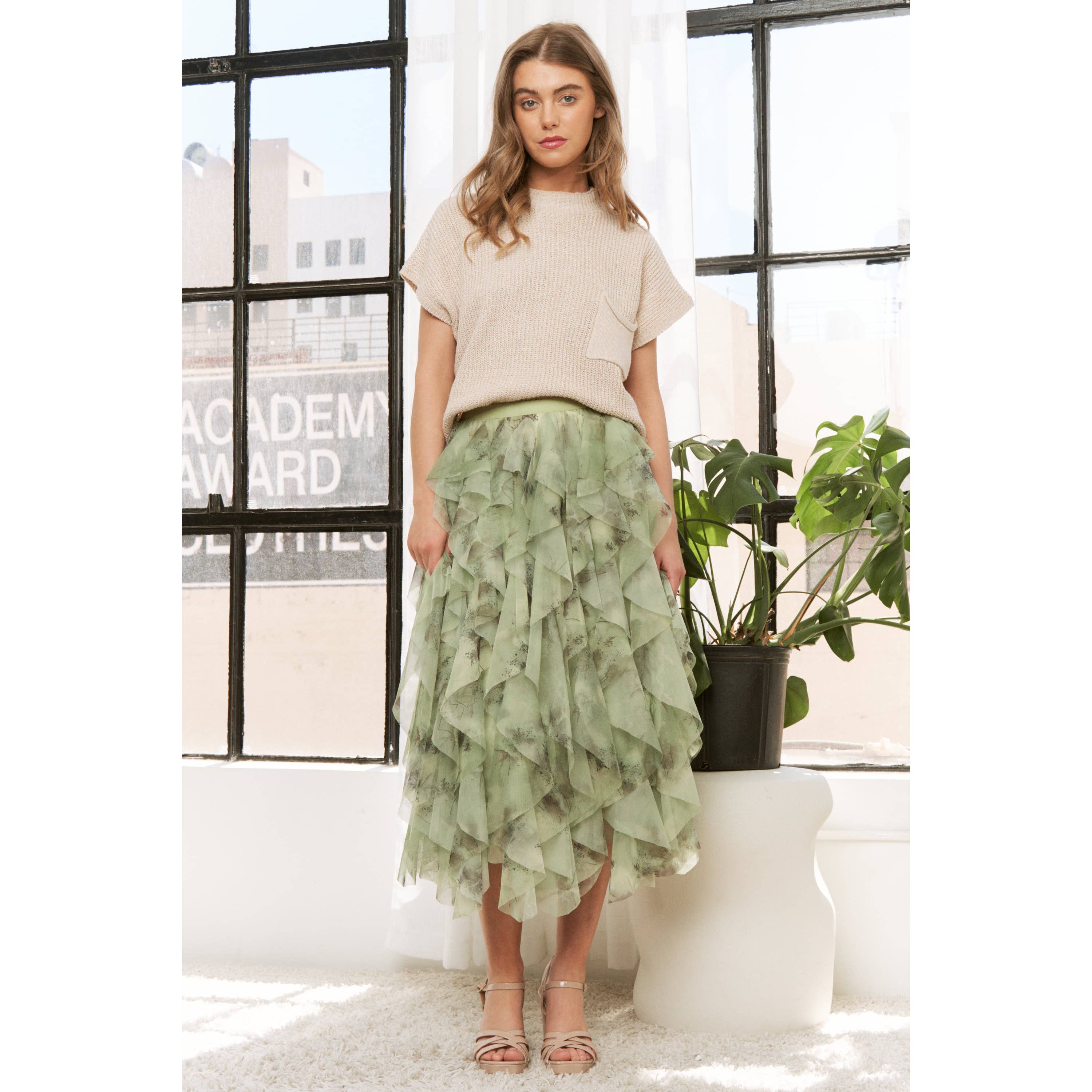 Green Multi CASCADING TULLE PRINT MESH LAYERED MAX SKIRT for wholesale on Faire5