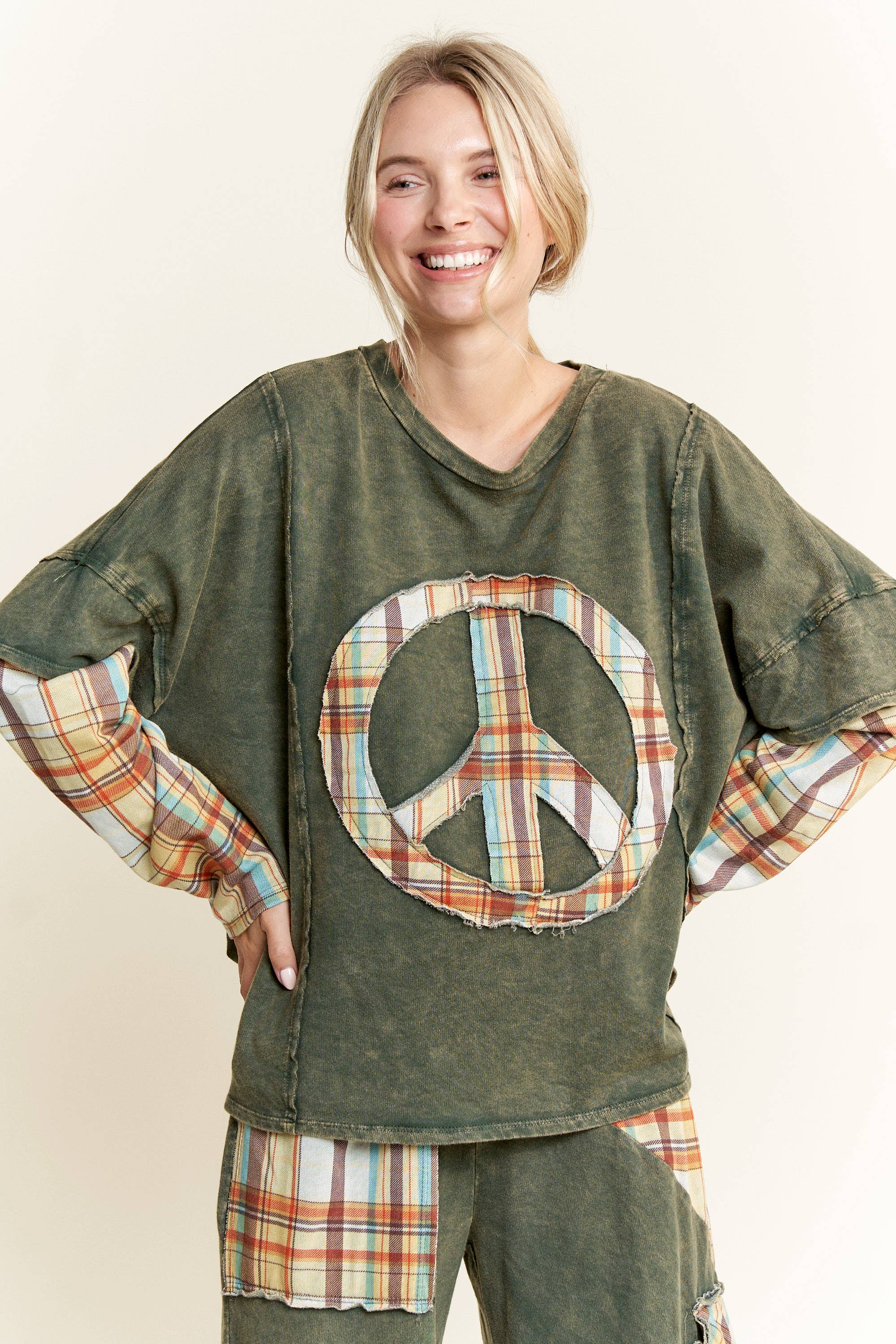 J.Her – Túnica - Mulher por atacado – MineralWash Xadrez PIECE acolchoado Top de mangas em camadas HT5987.2