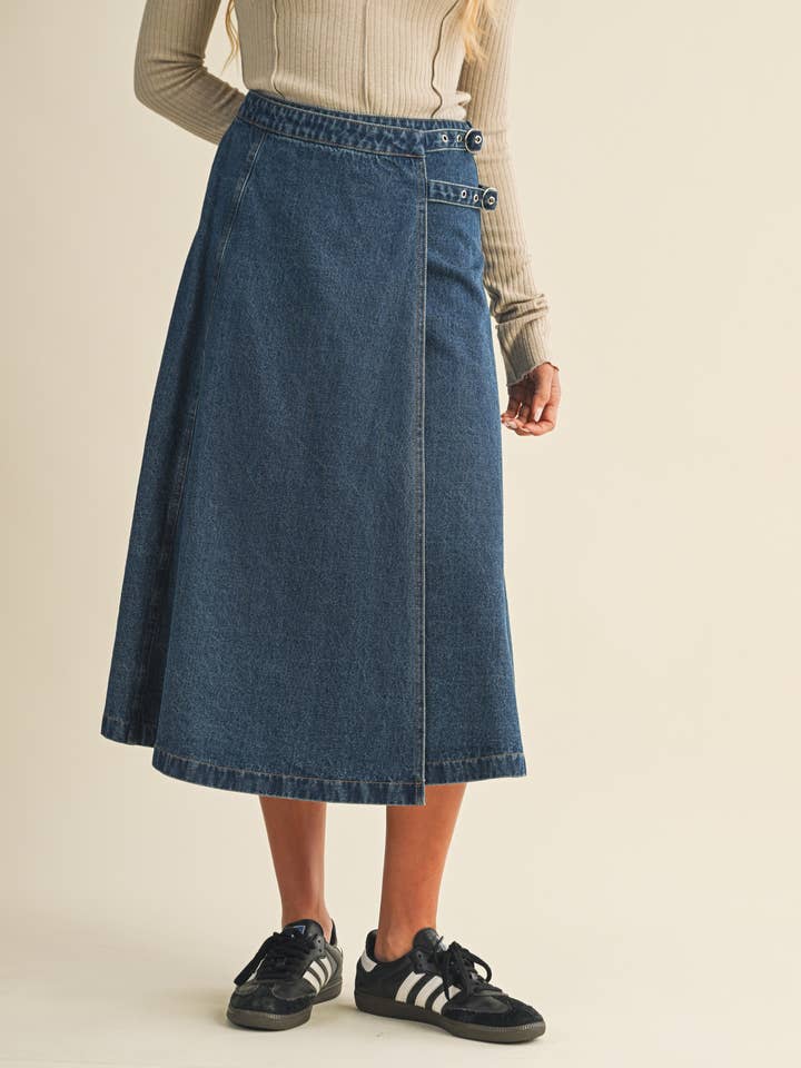 CROSSOVER DENIM SKIRT for wholesale by Mustard Seed