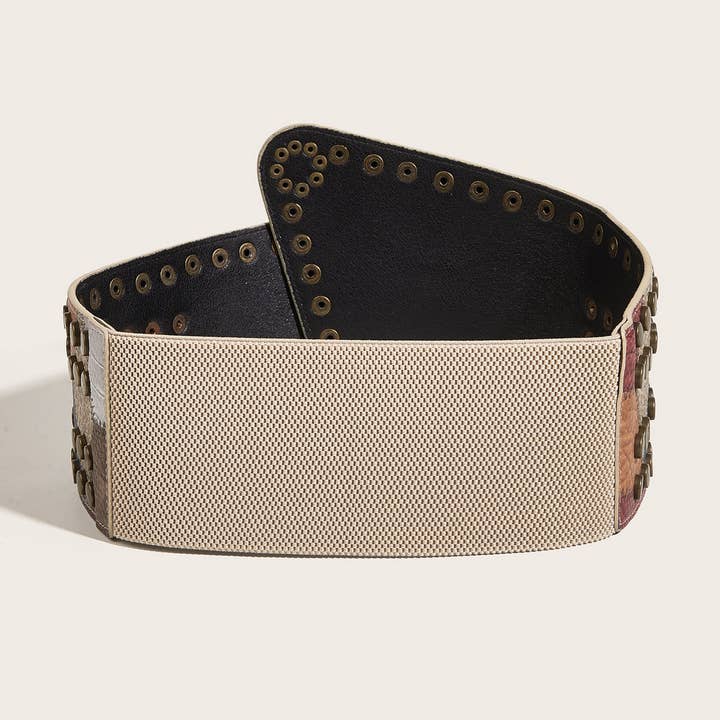 Brown BRONZE NAIL METAL BUCKLE ELASTIC GIRDLE BELT_CWABE0274 for wholesale on Faire