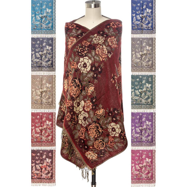 Ensemble d'écharpe pashmina à motif floral en lurex intarsia pour la vente par LA Jewelry Plaza
