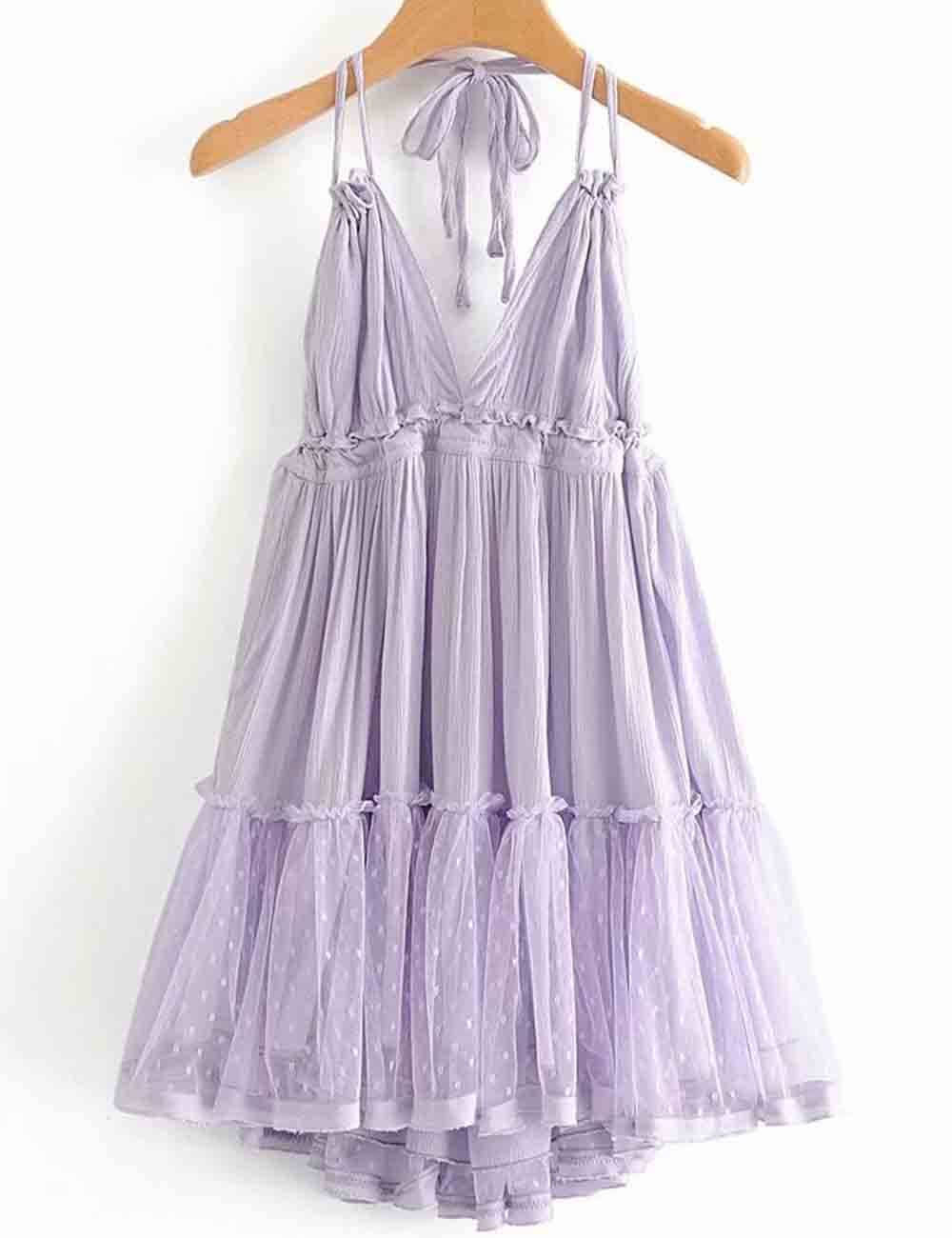 Sweetkama - Wholesale Dress - Women's - Ladies Solid Color V-Neck Mesh Dot Halter String Shoulder Mini Dress7