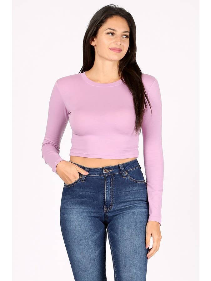 Color 5 - Wholesale T-Shirt - Women's - Solid color cotton spandex cropped long sleeve t shirt6