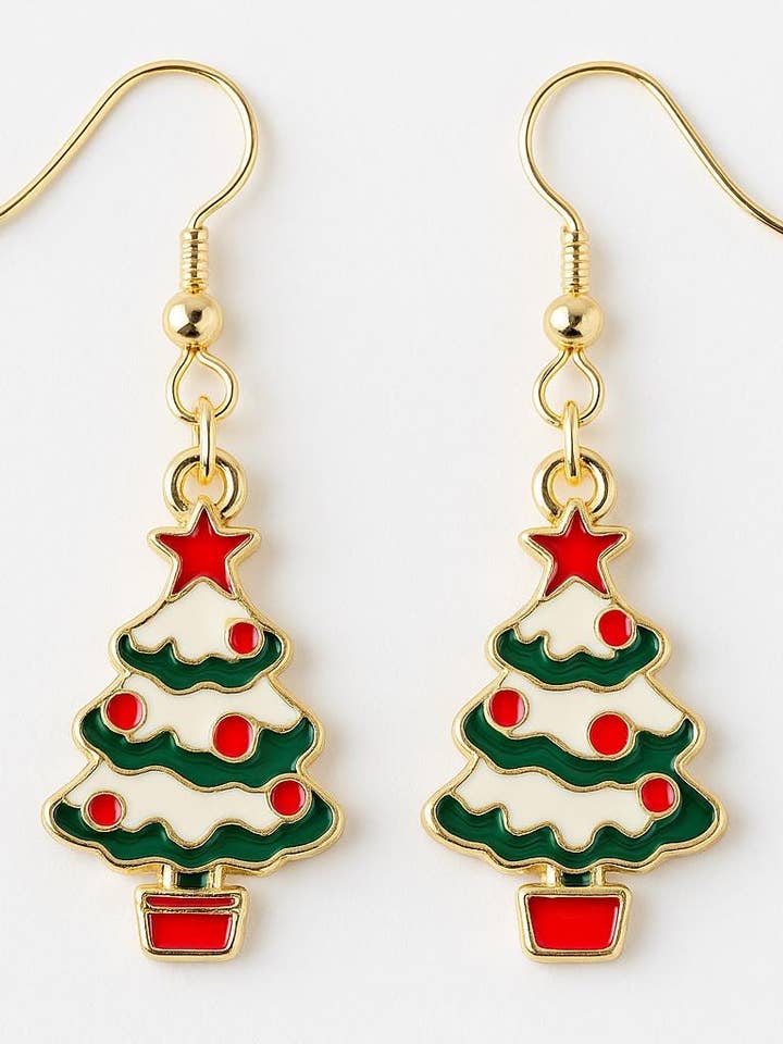 Kerstboom Emaille Hanger Oorbellen Feestelijke Sieraden #2 voor wholesale door Bad Apple Designs