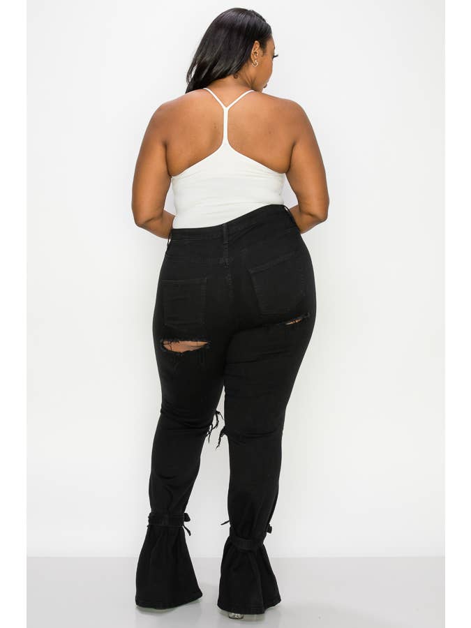 The Map Jeans - Vente Jean – femme - Jean évasé noir pour femme 8402P avec lien à nouer en bas9