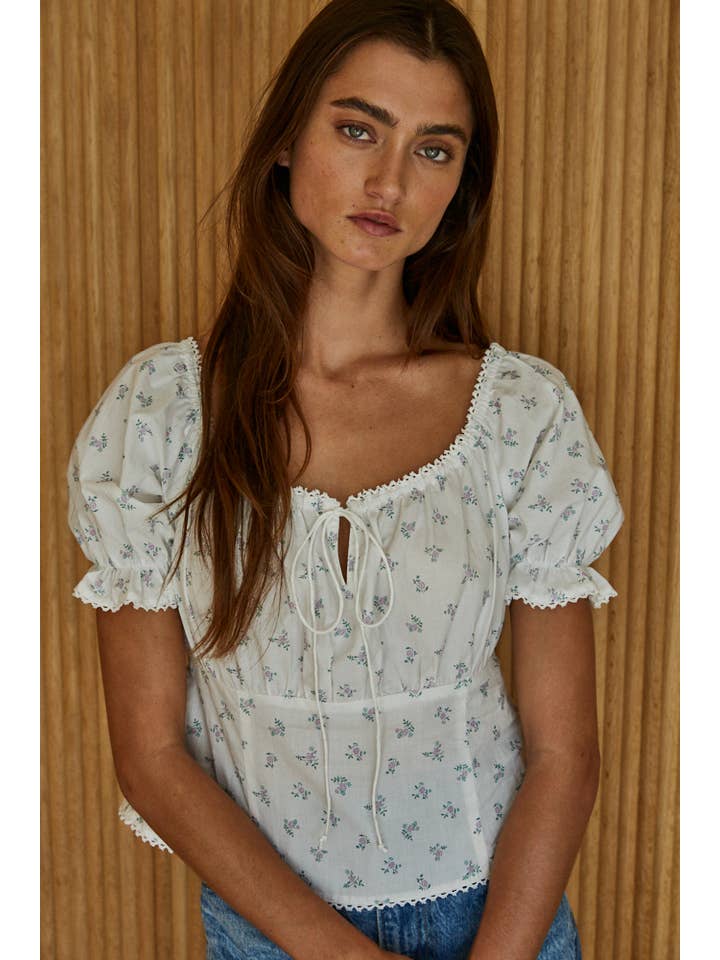 White Multi L8155 | Woven Cotton Floral Print Short Sleeve Top for wholesale on Faire