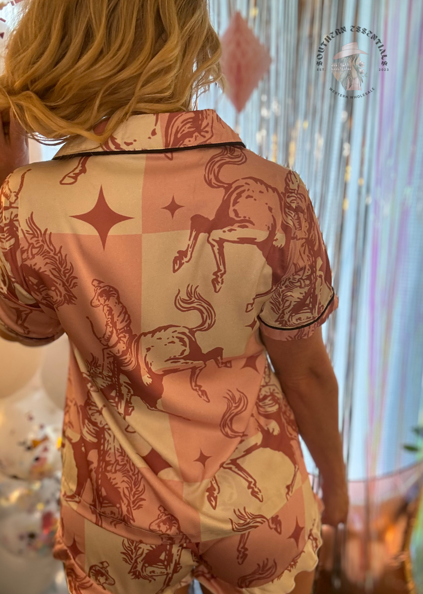 Southern Essentials by Ashley LLC - Wholesale Sleepwear Set - Women's - Pink Checkered Bronc Rider Silky Short Pajama Set21