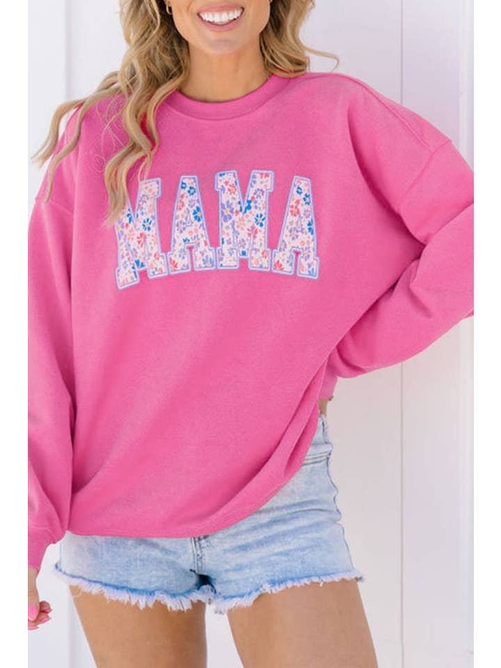 Rose Red Floral MAMA Embroidered Pullover Sweatshirt for wholesale on Faire
