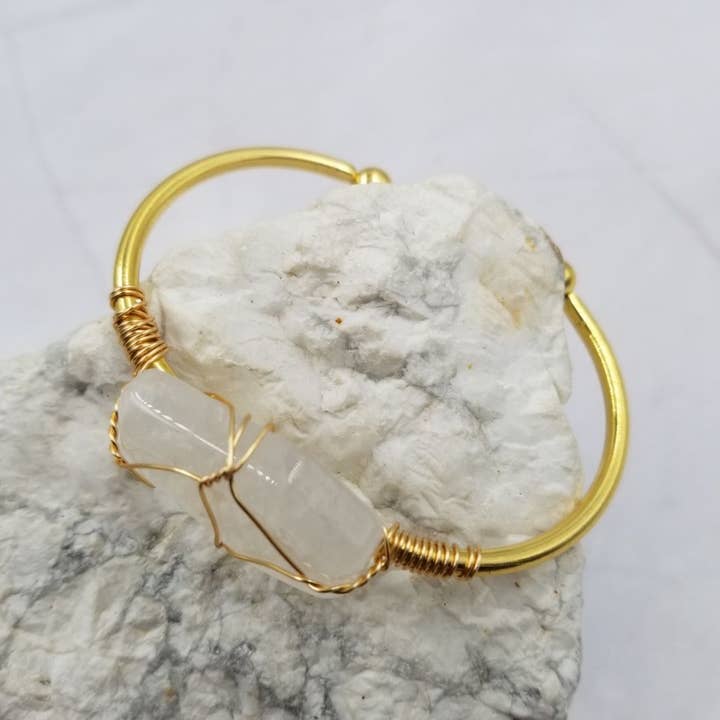 Crystal Quartz Stone Gold Bangle Cuff Bracelet for wholesale by The Pretty Jewellery