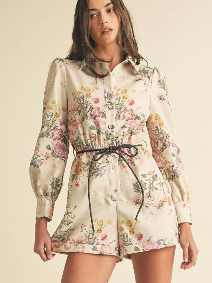 Playsuit-romper i konstläder med blommönster och bälte för wholesale av EB LUXE