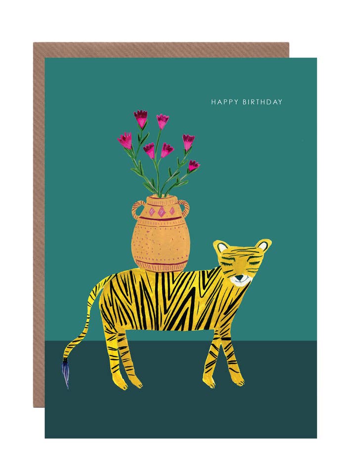 Geburtstags-Grußkarte „Tiger mit Blumen“ für den Großhandel von Hutch Cassidy (Greetings Cards and Paper Goods)