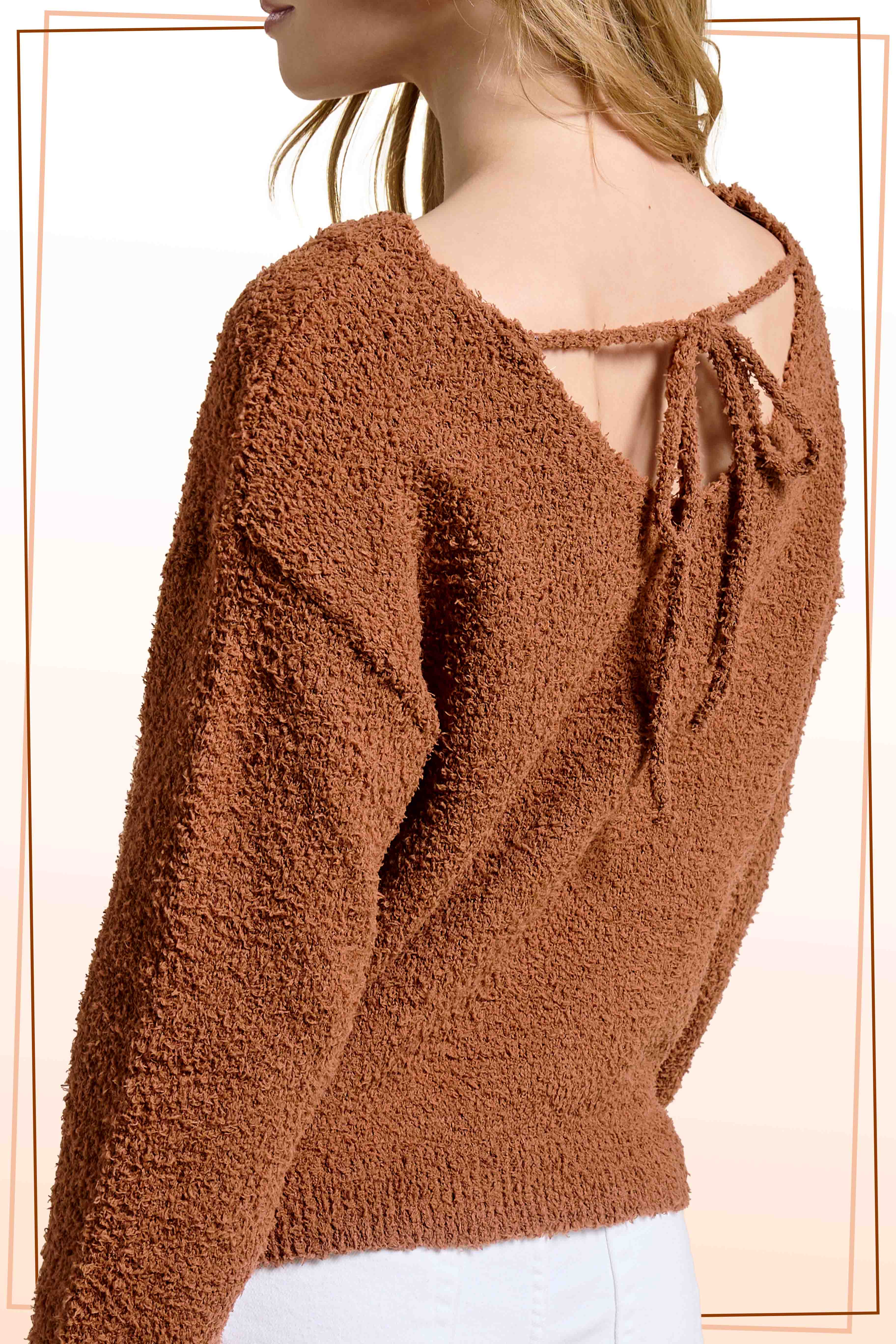 La Miel - Wholesale Knit Sweater - Women's - JDS3605-Fuzzy Reversible Drawstring V-Neck Sweater5