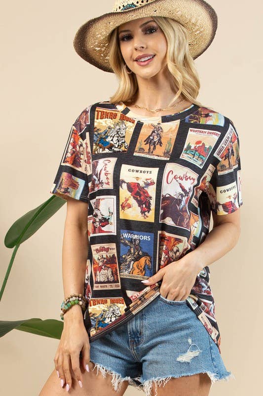 Zwart Multi AV1205-RIO T-SHIRT MET KORTE MOUWEN EN VINTAGE WESTERNPRINT  voor groothandel op Faire1