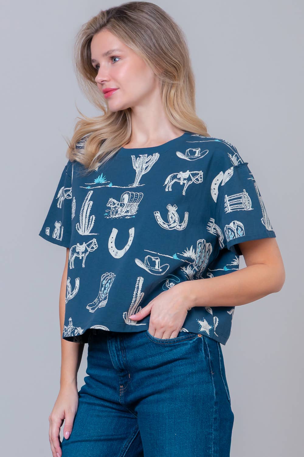 Taelynn - Wholesale T-Shirt - Women's - HT28781T-WESTERN PRINTED SHORT SLV ROUND NECK T-SHIRT2