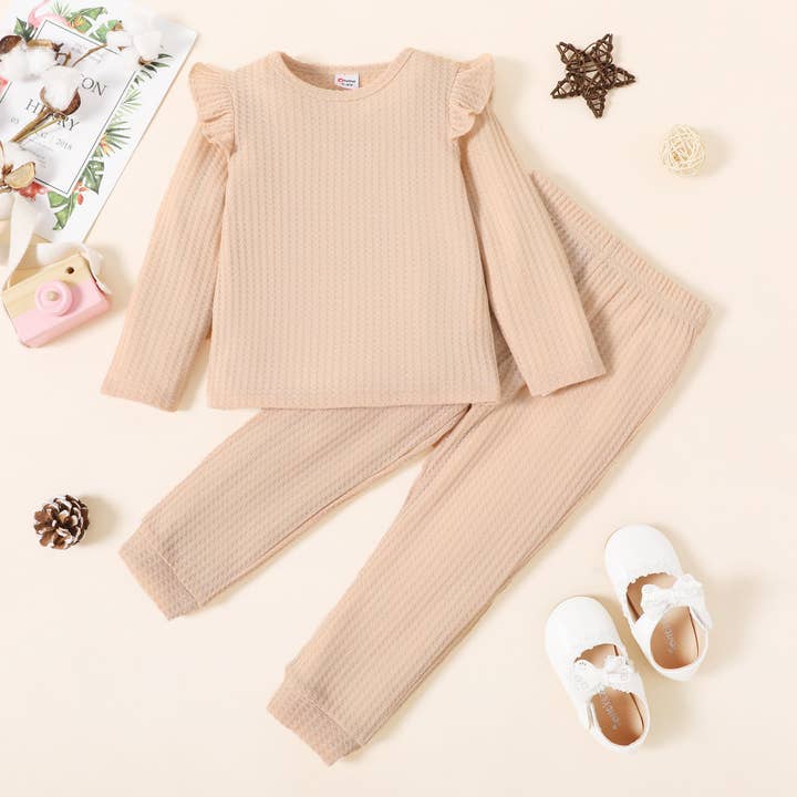 PatPat - Wholesale Top & Pant Set - Kids - 2-piece Toddler Girl Textured Top Color Pants Set