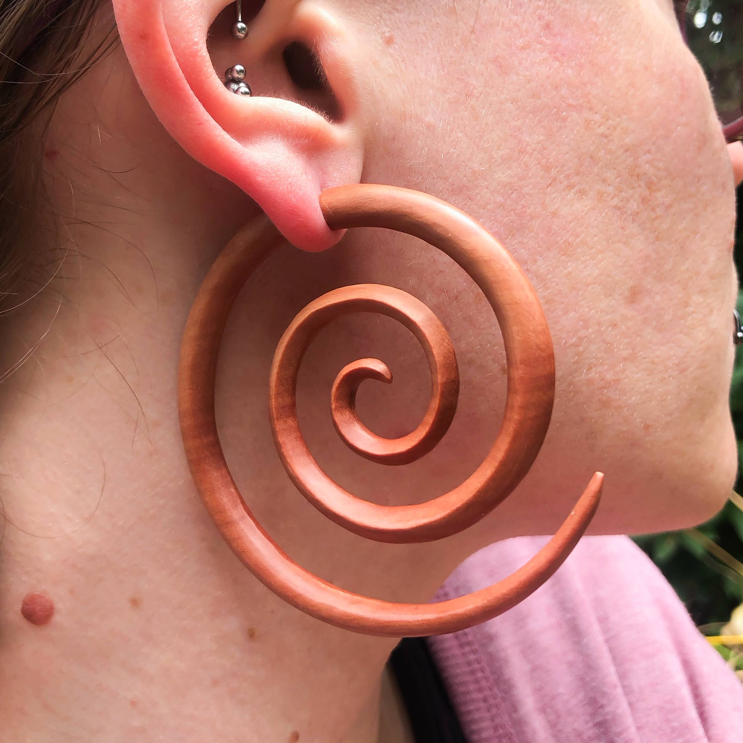 Ajmer by Jodi - Wholesale Dangle Earrings - Large Spiral Light Wood & Dark Wood Faux Gauges~ steel wires8