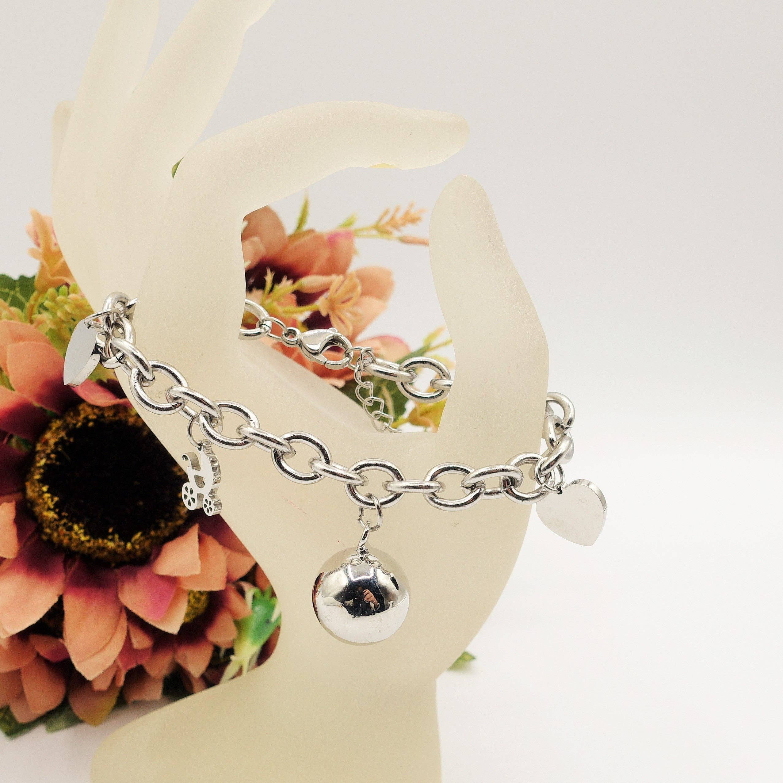 Daemon srls - Vendita all'ingrosso Braccialetto con ciondolo/pendente - Bracciale Baby in acciaio inossidabile con pallina chiama angeli e ciondoli nascita5