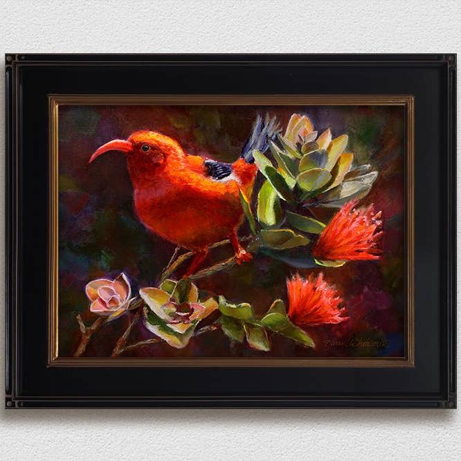ʻIʻiwi and ʻŌhiʻa Lehua - Signed Artist Canvas of Native Hawaiian Bird and Tree for wholesale by Whitworth Gallery