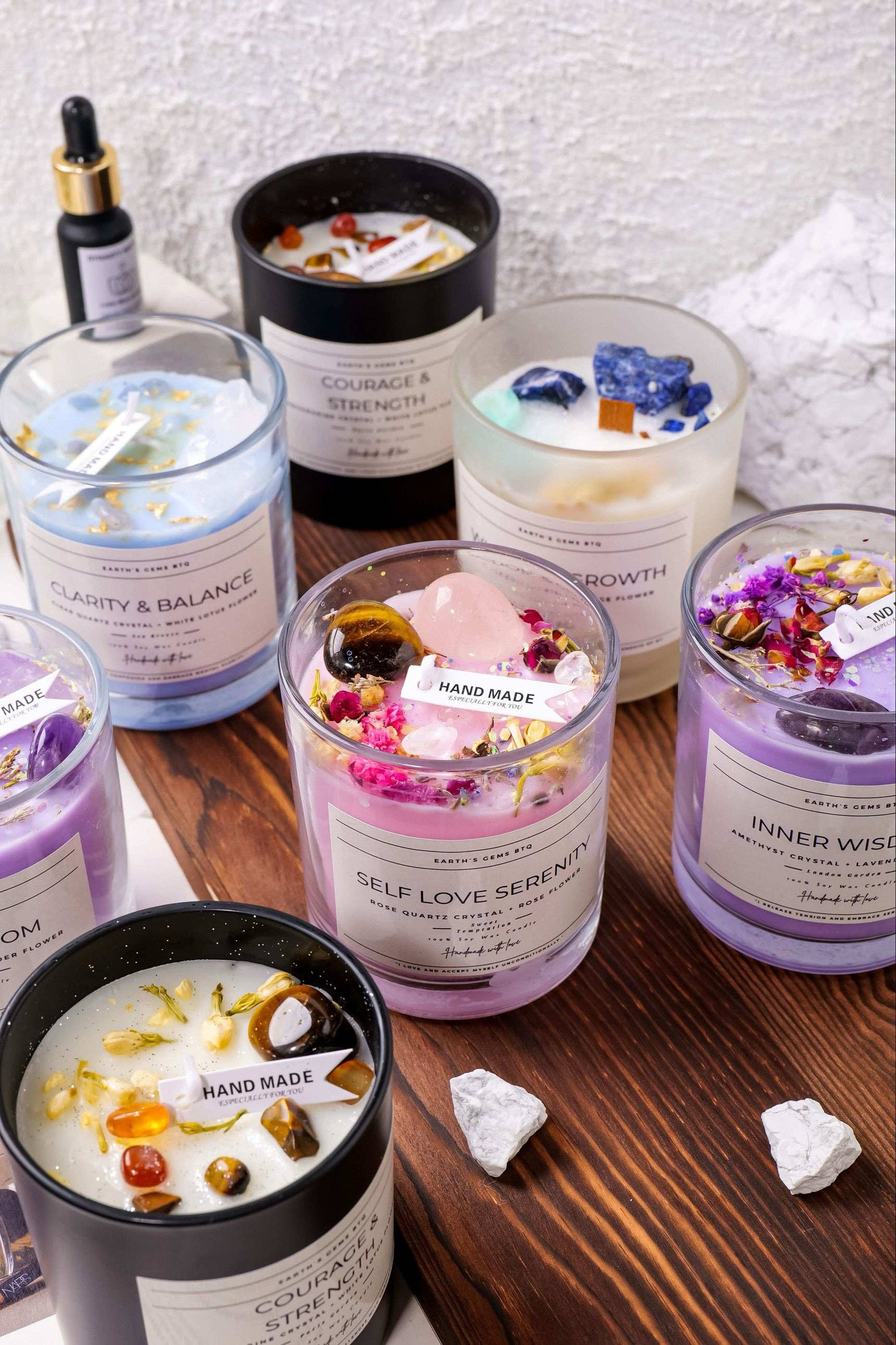 Earth's Gems BTQ – wholesale Burkljus – Kristallintentionljus – Helande ädelstensljus av sojavax för ritualer och medvetet liv1