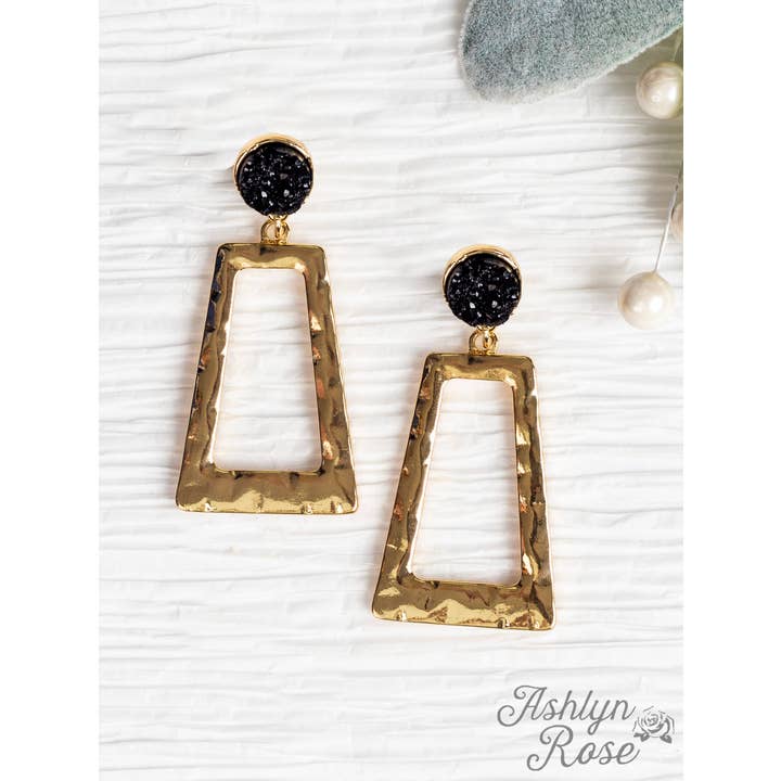 Don't Box Me In Gold Rectangular Hoops with Raw Stud, Black for wholesale on Faire