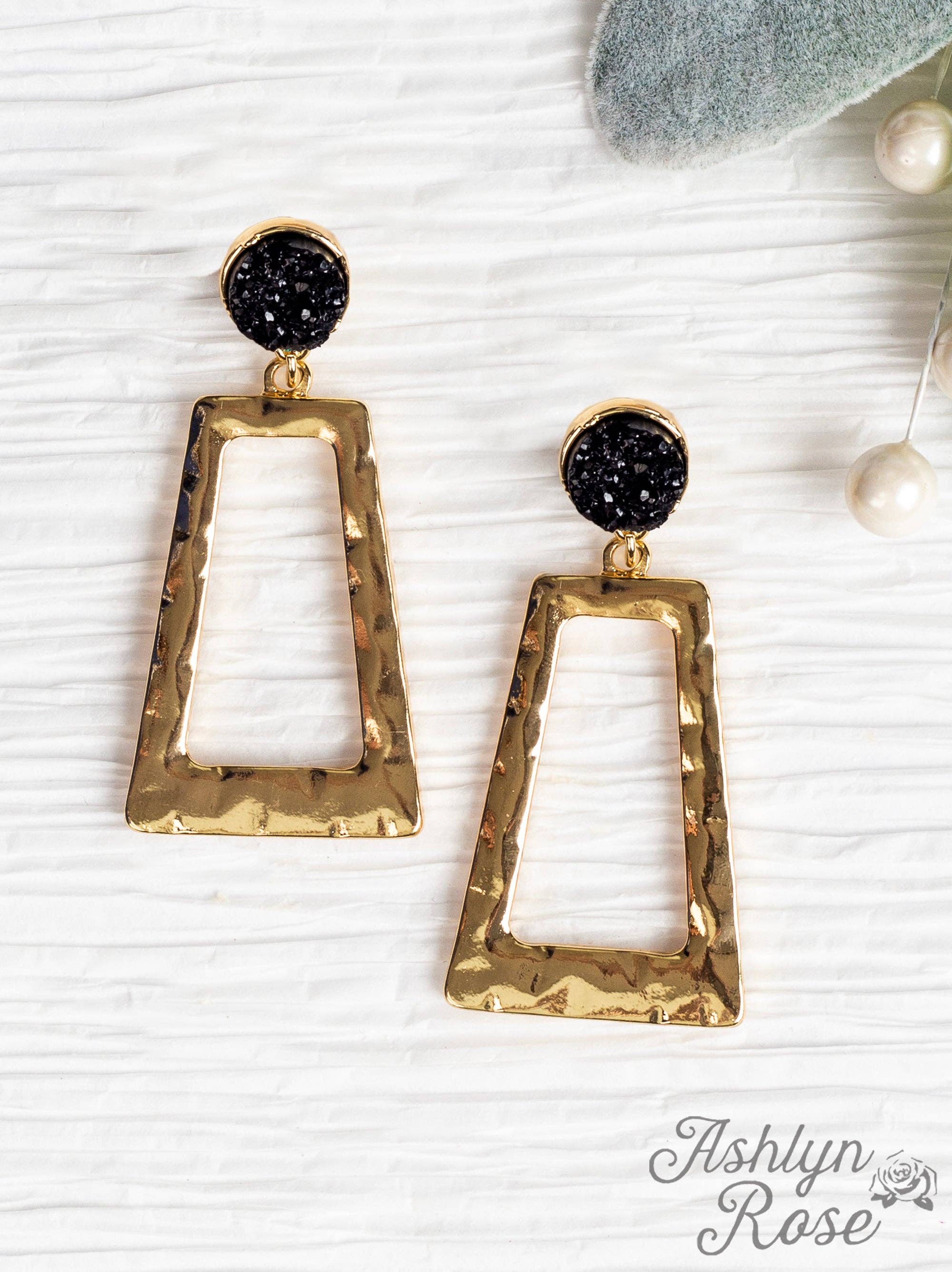 Don't Box Me In Gold Rectangular Hoops with Raw Stud, Black for wholesale on Faire