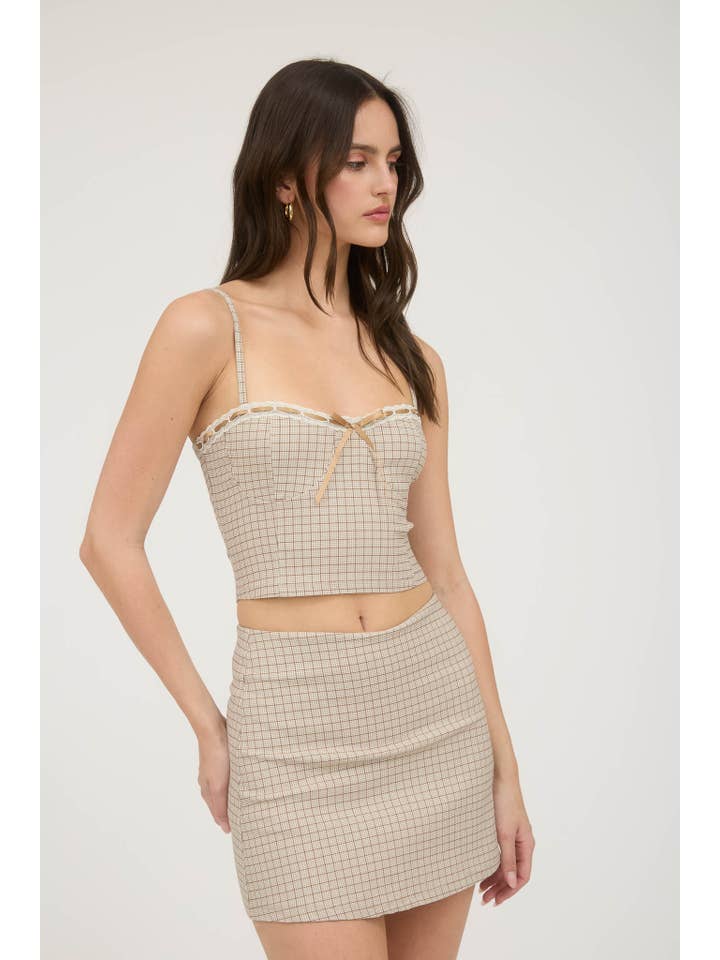 The Workshop Studio – wholesale Blouse – Women’s – PLAID LACE TRIM FRONT TIE SPAGHETTI STRAP CROP TOP7