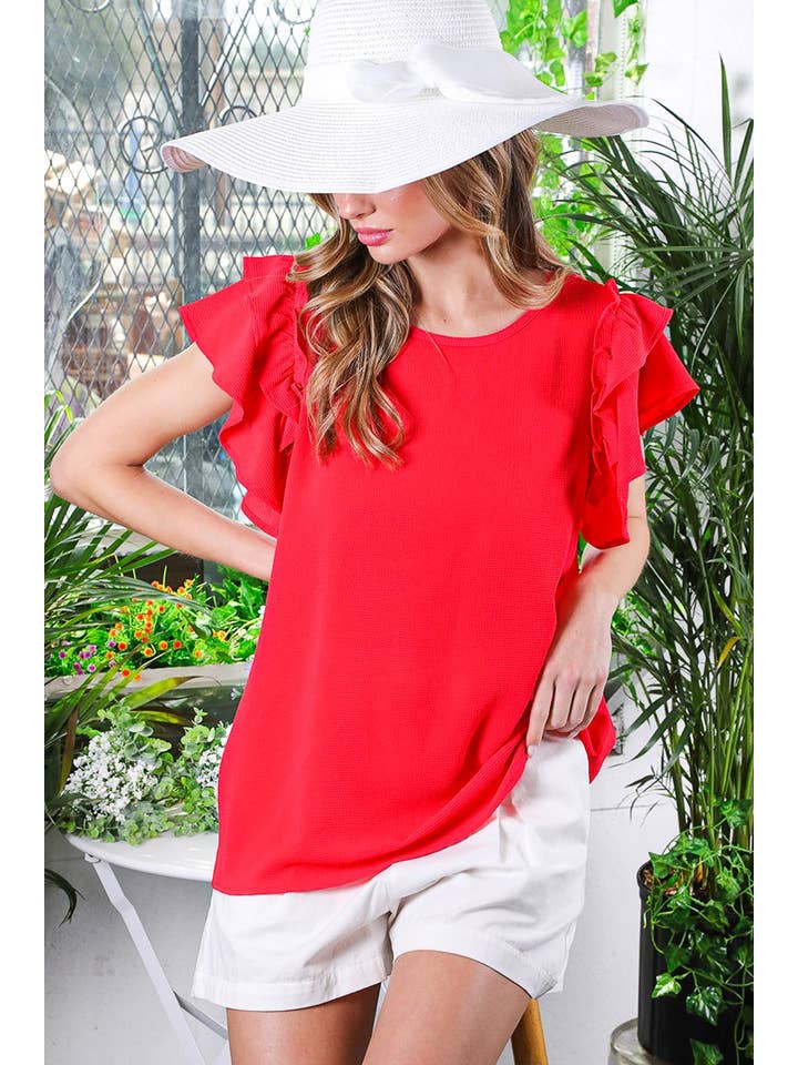 Vine & Love - Wholesale Blouse - Women's - Ruffle Detail Sleeve Round Neck Woven Blouse Top VT81609