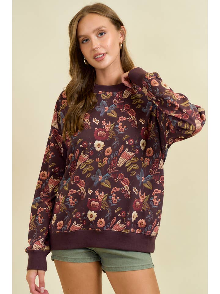 Doe and Rae - Wholesale Sweatshirt - Women's - FLORAL PRINT DROP SHOULDER PULL-OVER TOP - 45256T5